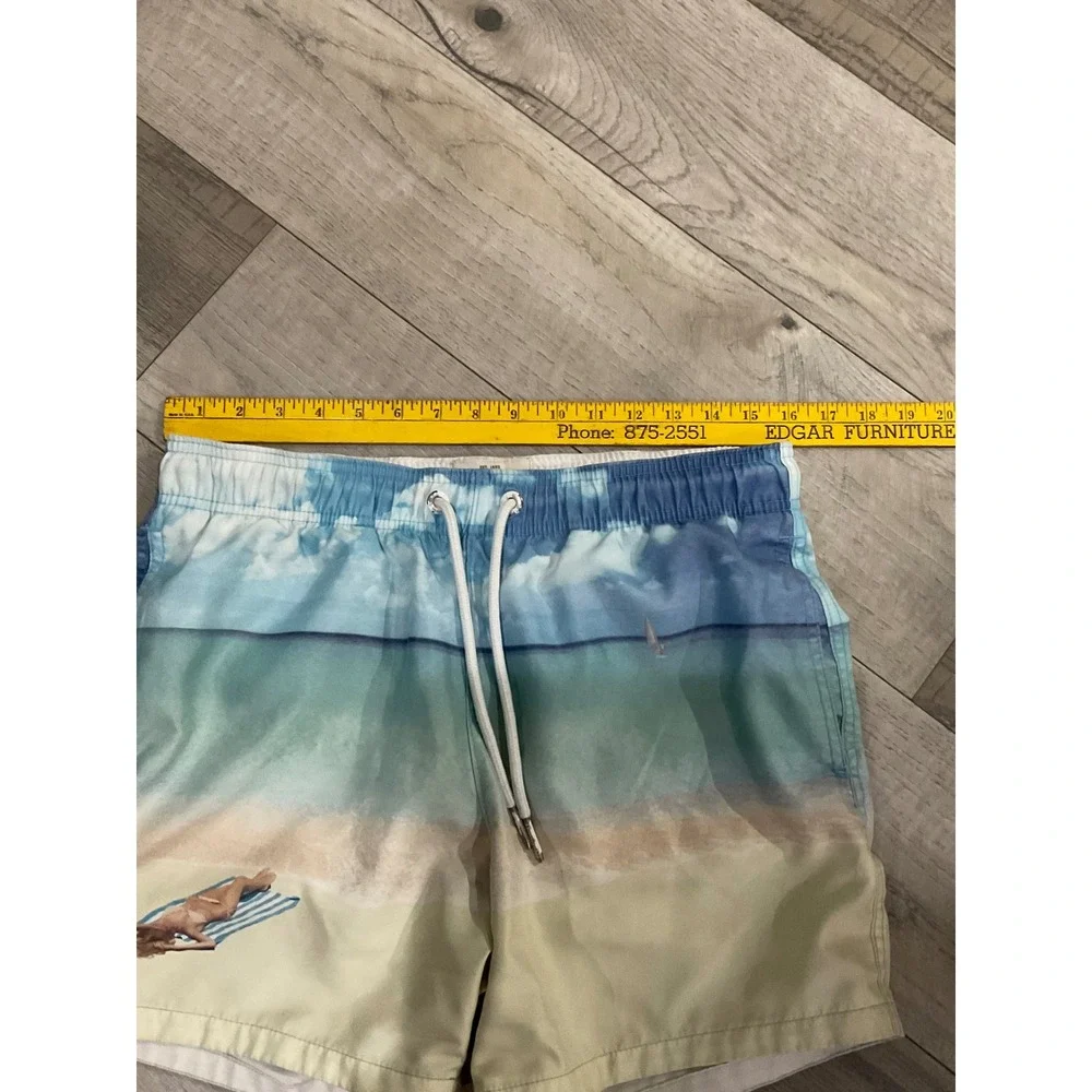 Abercrombie & Fitch Mens Beach Scene Print Swim Trunks Blue Tan Medium 5‎ Inch